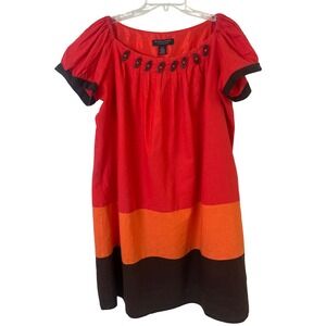 Signature By Robbie Bee Orange Brown Color Block Linen Dress Wood Beads Boho 18W